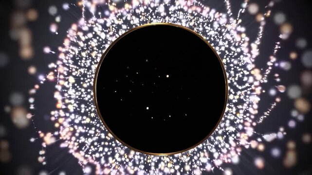 Golden ring with black copy space exploding with particles on a dark background, perfect for logo reveal, title sequence or elegant intro for any video project