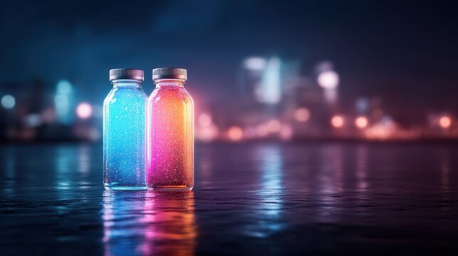 Two vibrant bottles with luminescent effects stand by the water's edge at night, creating a mesmerizing reflection and a sense of allure and mystery in the atmosphere.