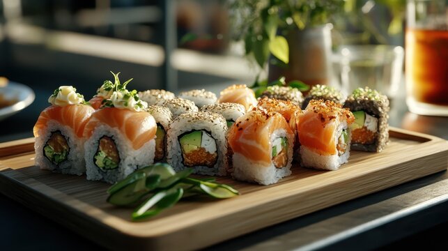A vibrant presentation of assorted sushi rolls on a wooden board, garnished with fresh greens, exuding freshness and cultural richness from traditional Japanese cuisine.