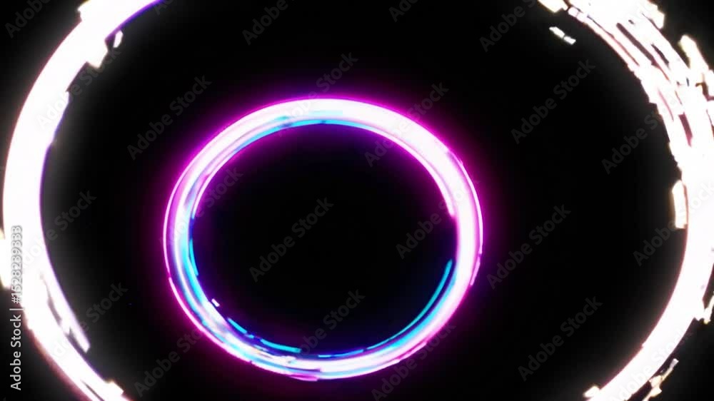 Poster colorful neon light trails form a circular frame, accompanied by dynamic particle effects against a 