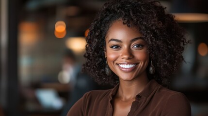 A warm portrait of a smiling woman in a contemporary setting, radiating positivity and confidence, embodying joy and connection in a bustling urban environment.