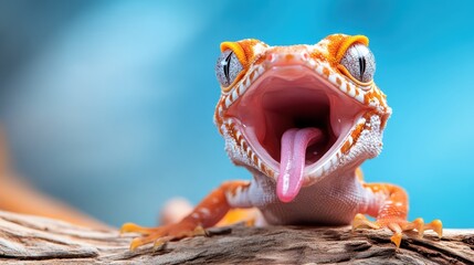 A vibrant gecko showcases its colorful skin and lively personality by sticking out its tongue, making this image energetic and engaging for reptile enthusiasts.