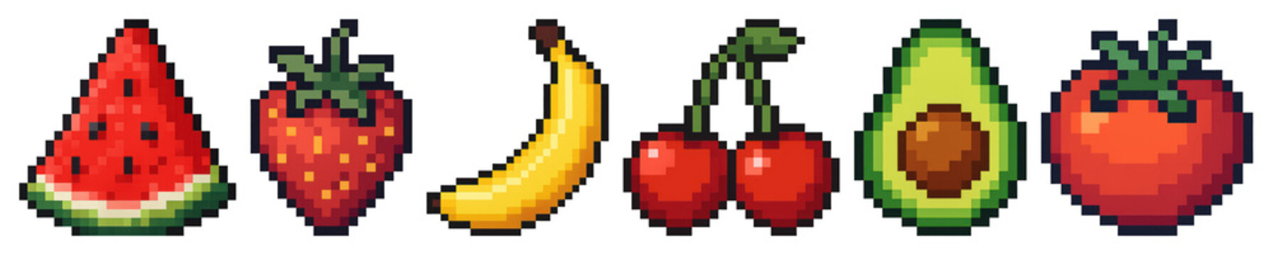 PNG Pixelated fruits in vibrant colors, element set on transparent background