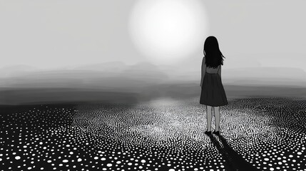 A solitary figure stands on a textured landscape.