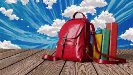 Cartoon-style red backpack and colorful school books on wooden platform under vibrant sky, representing back-to-school season, learning and cheerful childhood education scene
