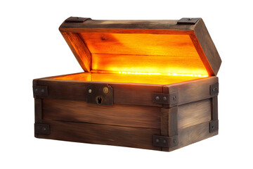 Open wooden treasure chest glowing with magical light, vintage-style and isolated on a white or transparent background — ideal for fantasy, games, or history themes.