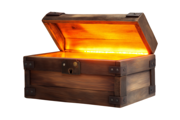 Open wooden treasure chest glowing with magical light, vintage-style and isolated on a white or transparent background — ideal for fantasy, games, or history themes.
