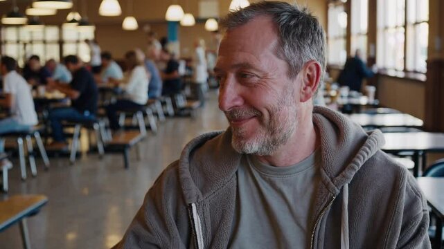 Adult man with short gray hair and a goatee smiles happily in a busy cafeteria while wearing a gray hoodie and t-shirt, with people eating in the background