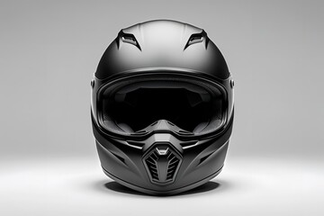A matte black motorcycle helmet shown from the front view, placed on a seamless white background, soft diffused lighting highlighting the helmet’s shape and texture, minimalistic and clean product moc