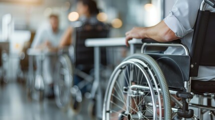 Fototapeta premium A candid view of a wheelchair user in a vibrant social environment, showcasing inclusivity and human connection in modern spaces, emphasizing awareness and solidarity.