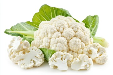 A fresh head of cauliflower with florets and leaves, isolated on white background