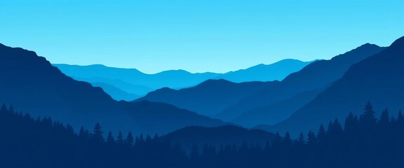 Stylized blue vector landscape with dark silhouette mountains, hills, and trees ,  illustration,  scenic