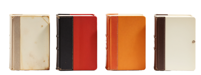 A row of four different colored books sitting next to each other.