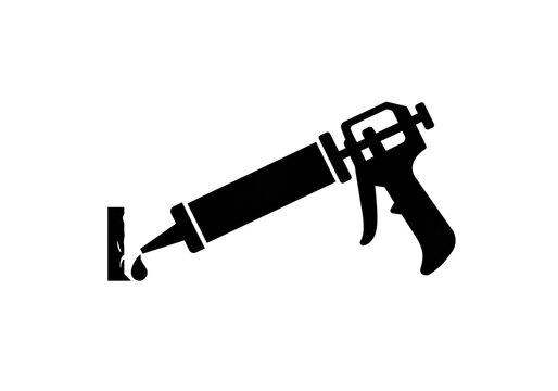 A black and white graphic of a caulking gun applying sealant to a surface in a simple design