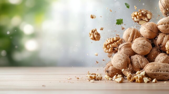 An intriguing arrangement of cracked and whole walnuts atop a wooden surface, showcasing the natural textures and shapes, adding a fresh touch to culinary compositions.