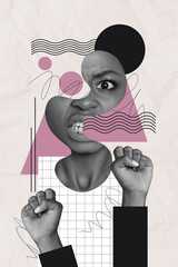Trend artwork composite banner 3D photo collage of fragment face young lady head grimace angry bad...