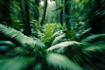 Obraz premium Motion through lush tropical forest showcasing vibrant fern plants and rich greenery, Motion through tropical forest above fern plants and evergreen jungle vegetation
