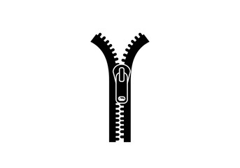 A black and white graphic illustration of an open zipper on a plain white background in a simple style