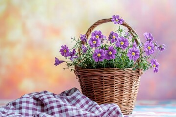 Wicker basket filled with vibrant purple flowers on checkered cloth against a blurred colorful backdrop, Wicker basket with purple flowers and checkered cloth on pastel background