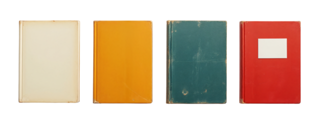 A row of four different colored books