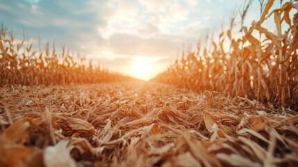 Fototapeta premium A serene view of a golden cornfield during sunset, showcasing vibrant colors blending into a warm horizon, symbolizing harvest, nature's beauty, and tranquility.