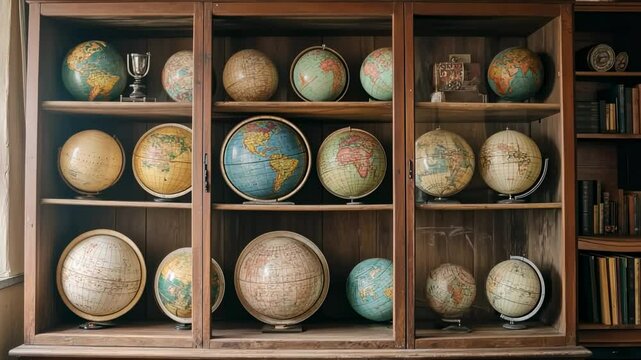 Vintage globes displayed in wooden curio cabinet