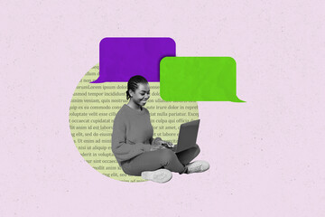 Composite zine pop trend collage of happy girl guy stand colorful bubble communication speech...