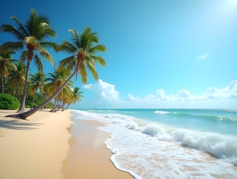 A beach with palm trees and waves on the shore