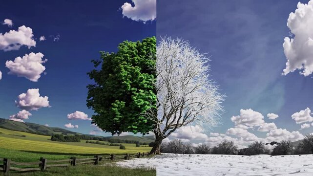 Green leaves and snowy branches represent summer and winter on different sides of a lone tree, symbolizing seasonal change in a picturesque landscape