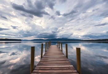 Obraz premium Wooden dock extends into calm lake, stormy sky reflected in water, hope, reflection