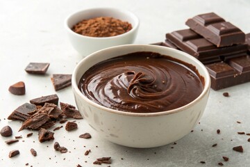 Delicious chocolate ingredients displaying a bowl of chocolate sauce and chocolate chunks