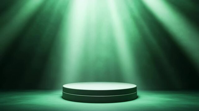 Green volumetric light illuminating an empty round podium, perfect for showcasing products or presentations, creating a dramatic and captivating atmosphere