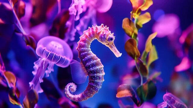 Purple seahorse swimming gracefully in a vibrant aquarium, surrounded by luminous jellyfish and colorful plants, creating a captivating underwater scene