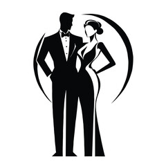Stylized black and white vector of a man in a tuxedo and woman in a formal evening gown, ideal for luxury, fashion, or event-related themes