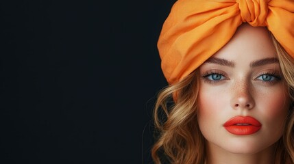 A captivating portrait of a woman wearing a stylish orange turban, showcasing bold makeup that highlights her features, against a dark backdrop for a striking contrast.