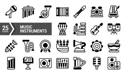 A Set of 25 Lineal Music Instrument Icons.