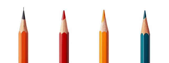 A group of four colored pencils are lined up in a row.