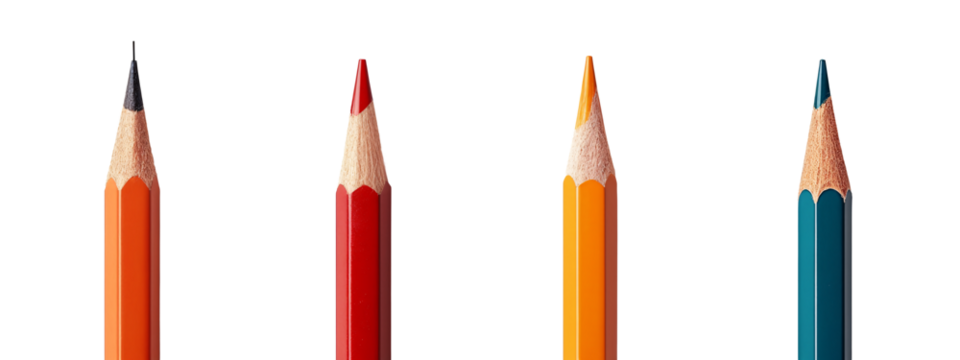 A group of four colored pencils are lined up in a row.