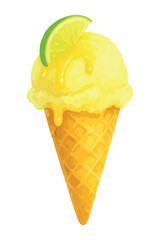 Lemon ice cream with lime slice in golden cone  – vector illustration isolated on white.