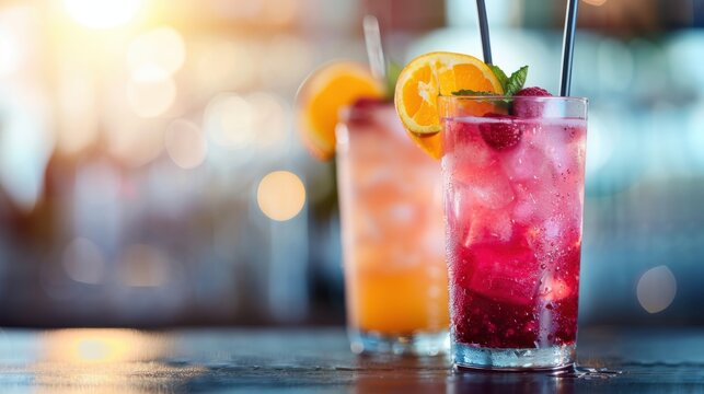 Two colorful cocktails filled with ice and garnished with fresh fruits encapsulate the essence of summer, inviting enjoyment, relaxation, and celebration among friends and family.