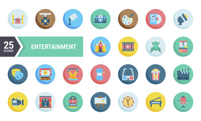 25 Entertainment Icons in Flat Circle Design.