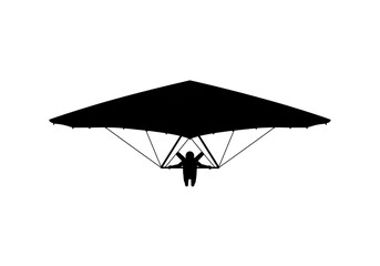 Silhouette of a hang glider with a person visible against a plain white background in a simple style