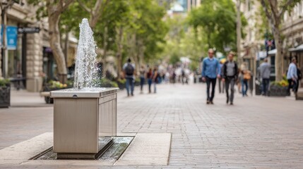 Pedestrians Passing Modern City Fountain