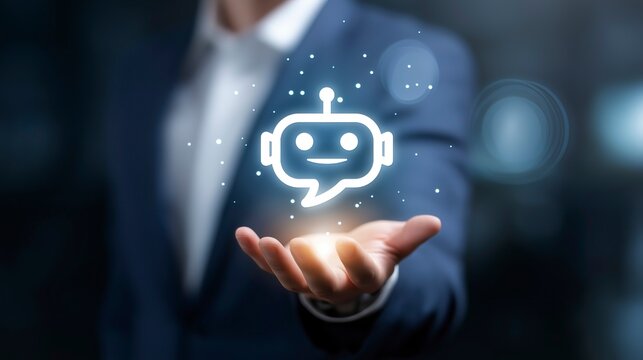 Businessman Holding Holographic AI Robot Icon with Empty Speech Bubble – Futuristic Virtual Assistant and Smart Automation Concept in Professional Tech Environment
