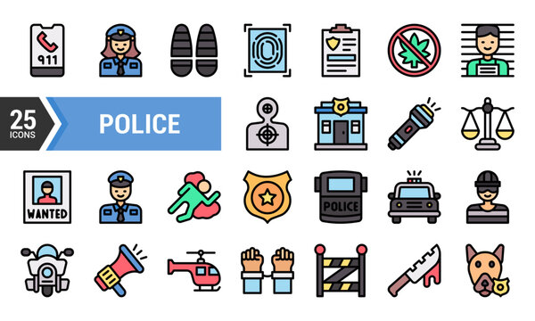 25 Colorful Icons for Police and Law Enforcement.