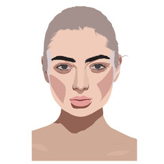 A stylized vector illustration depicts a woman's face with contour makeup applied. Her hair is pulled back, accentuating sculpted cheekbones, a defined jawline, and prominent, bold eyebrows.