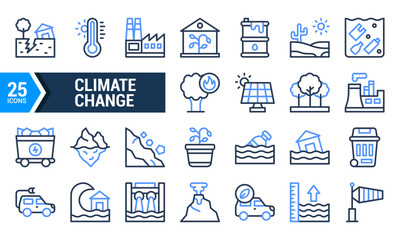 25 Climate Change Line Icons in Blue and Black.