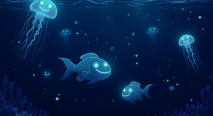 Naklejka premium Glowing Fish and Jellyfish Underwater Scene Digital Art