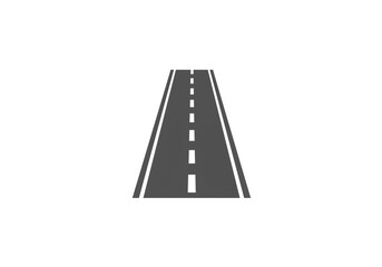 A gray road with white lane markings receding into the distance on a plain white background view