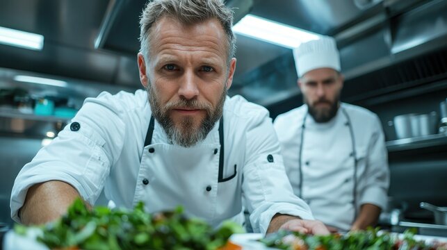 A focused chef artfully presents beautifully plated dishes in a bustling restaurant kitchen, showcasing innovative culinary techniques and the lively atmosphere of gourmet cooking.